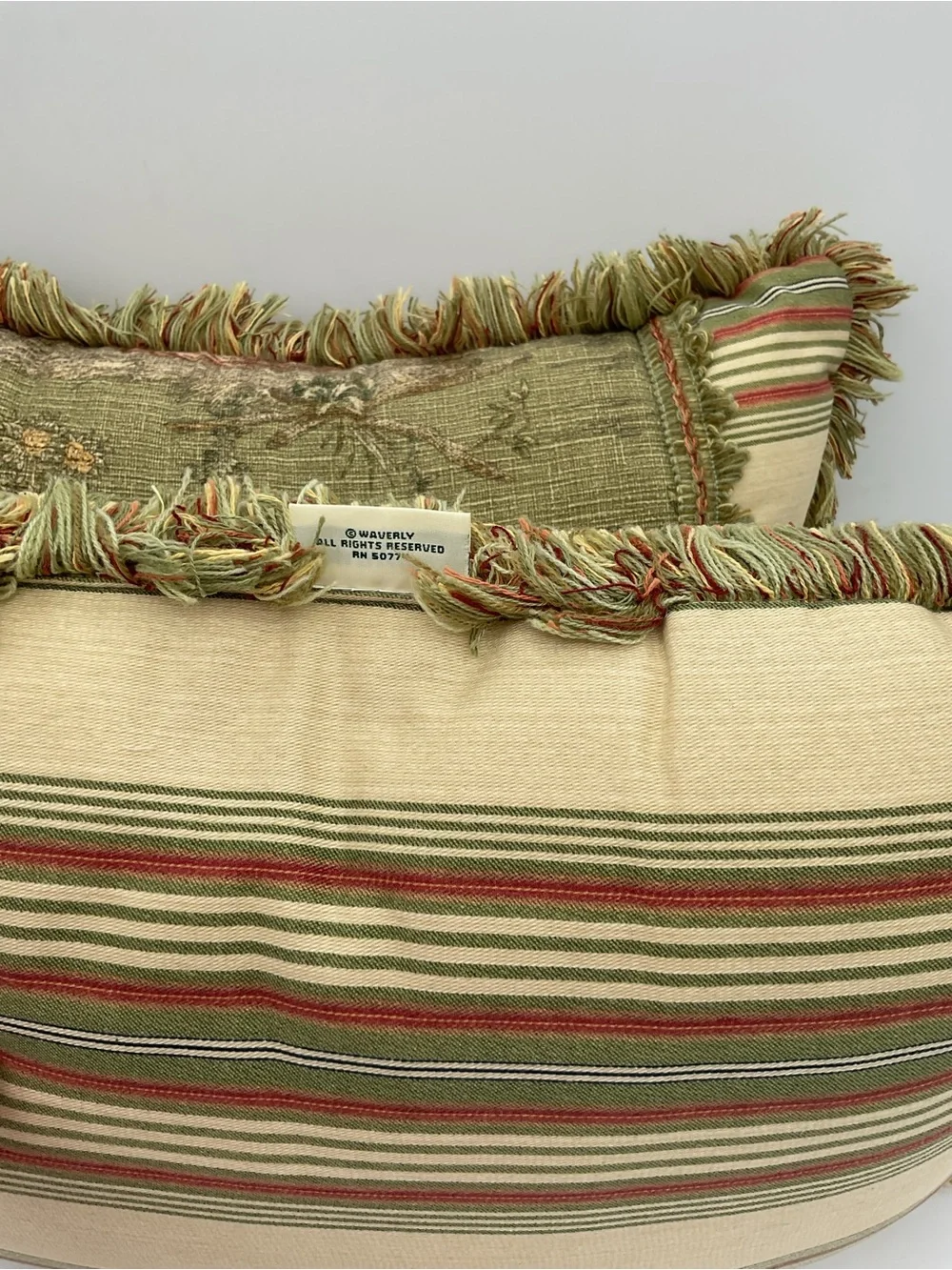 Set of 2 Waverly Savannah Toile Olive and Red Tapestry Fringe Accent Pillow